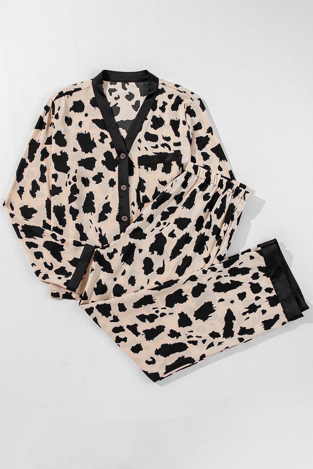 Khaki Cheetah Contrast Trim Loose Fit Two Piece Sleepwear - Goddess Vibes