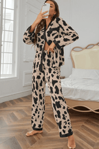 Khaki Cheetah Contrast Trim Loose Fit Two Piece Sleepwear - Goddess Vibes