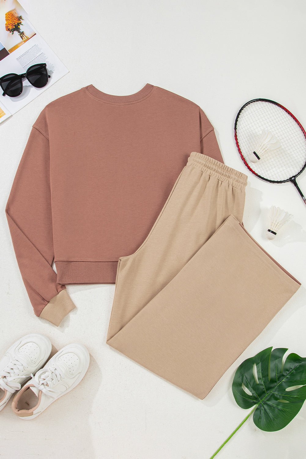 Khaki Color Block Long Sleeve Crop Top Drawstring Pant Set - Goddess Vibes