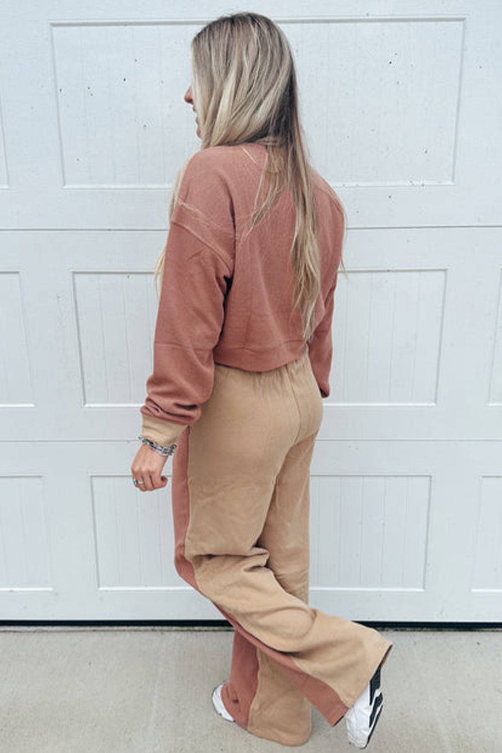 Crowned Energy CO. Khaki / S / 65%Polyester+35%Cotton Dear-Lover Dropshipping Two Piece Sets/Pant Sets Khaki Color Block Long Sleeve Crop Top Drawstring Pant Set