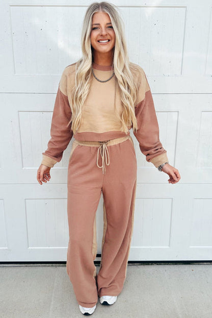 Khaki Color Block Long Sleeve Crop Top Drawstring Pant Set - Goddess Vibes