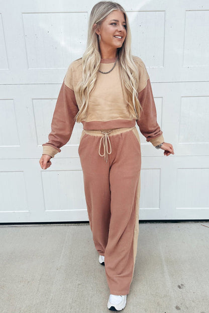 Khaki Color Block Long Sleeve Crop Top Drawstring Pant Set - Goddess Vibes