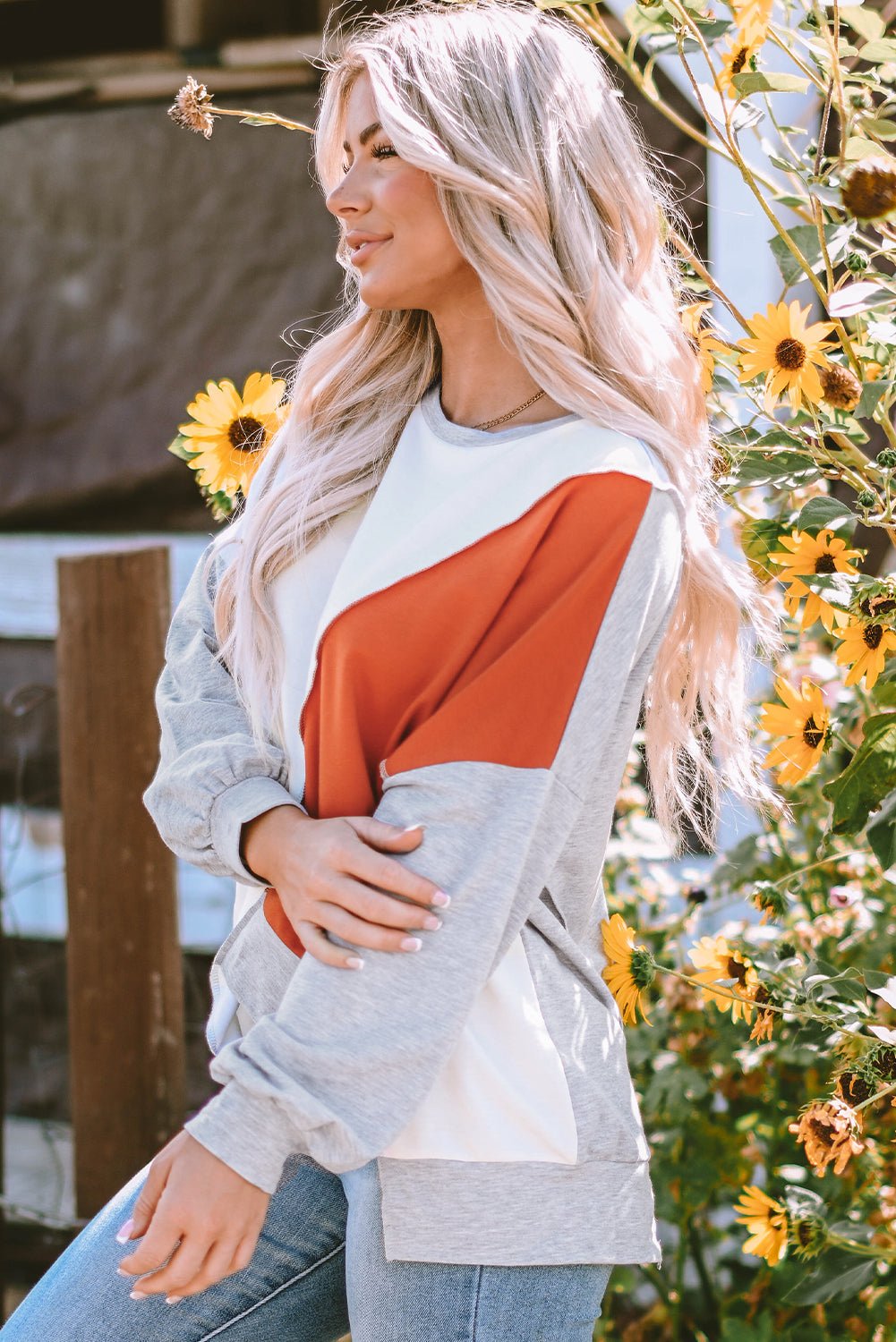Khaki Colorblock Stitching Irregular Hem Long Sleeve Top - Goddess Vibes