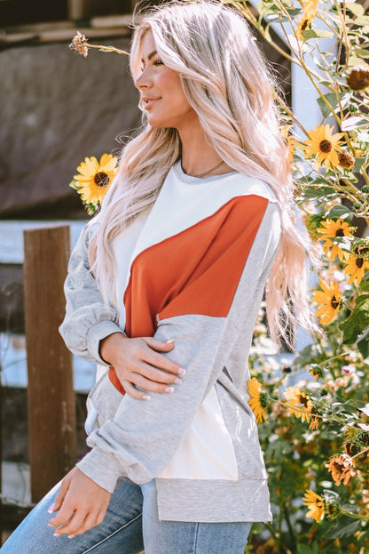 Khaki Colorblock Stitching Irregular Hem Long Sleeve Top - Goddess Vibes