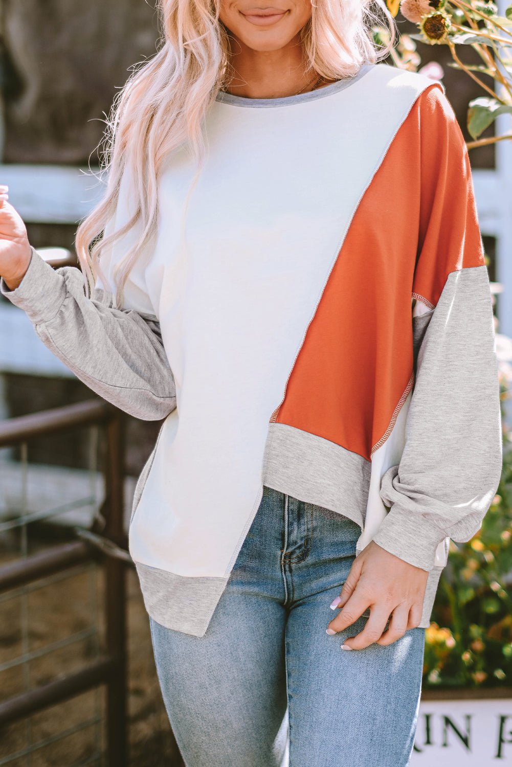 Khaki Colorblock Stitching Irregular Hem Long Sleeve Top - Goddess Vibes