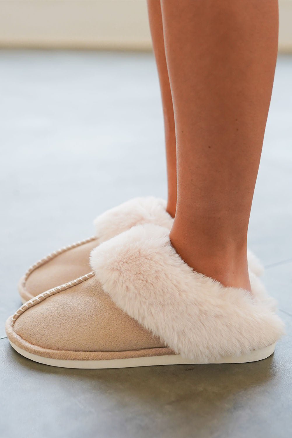 Khaki Cut and Sew Faux Suede Plush Lined Slippers - Crowned Energy CO.