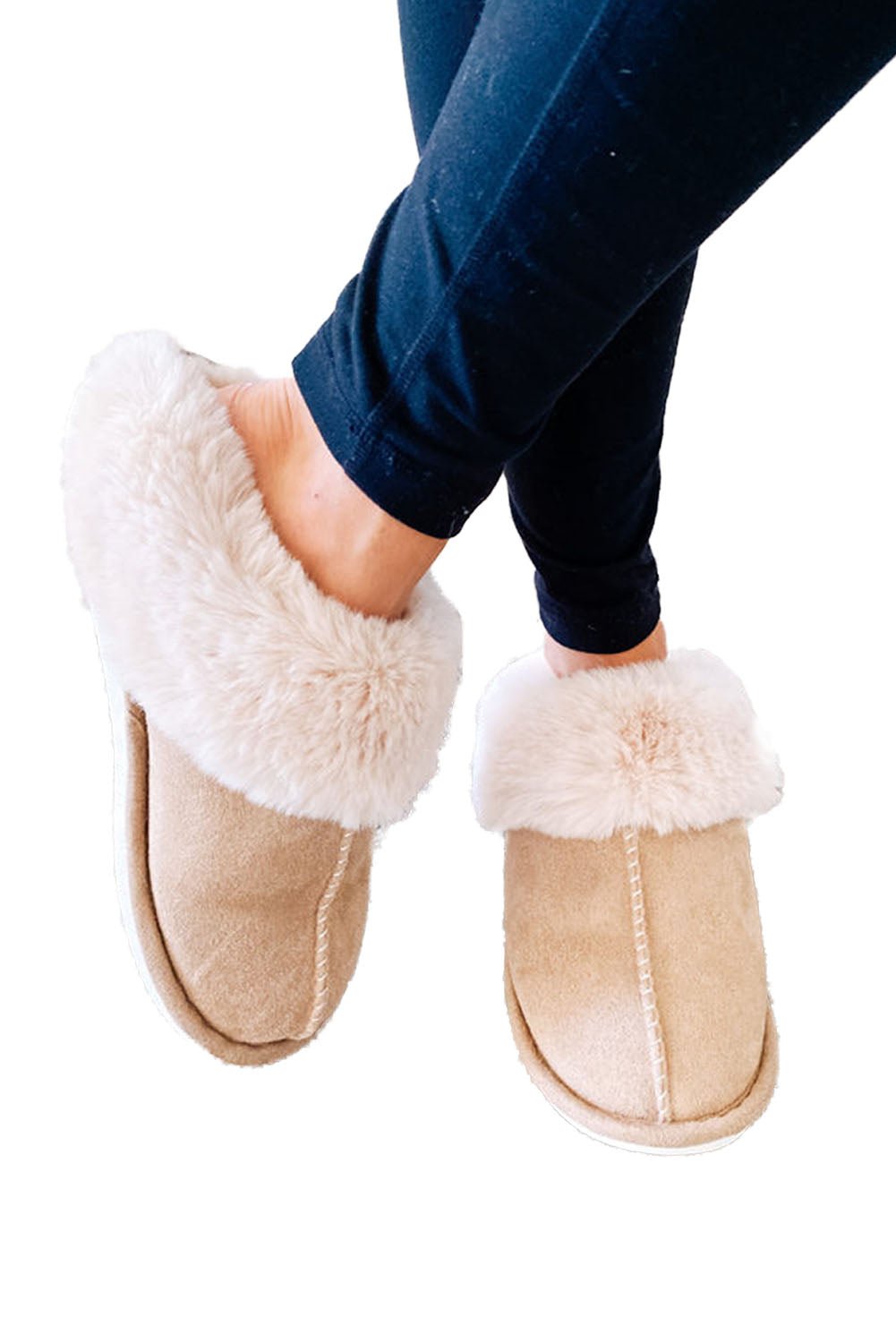 Khaki Cut and Sew Faux Suede Plush Lined Slippers - Crowned Energy CO.