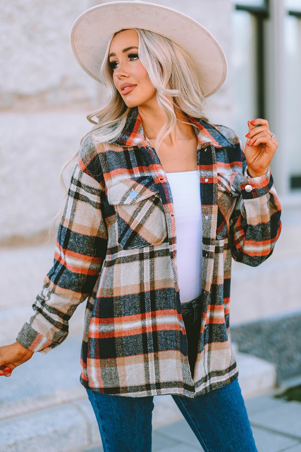 Khaki Geometric Plaid Print Pocketed Shacket - Crowned Energy CO.