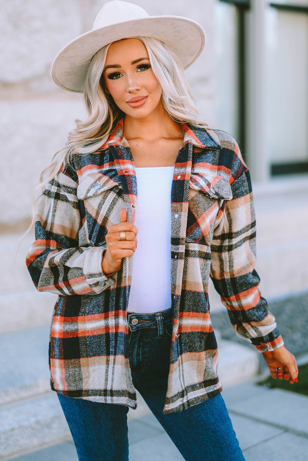 Khaki Geometric Plaid Print Pocketed Shacket - Crowned Energy CO.