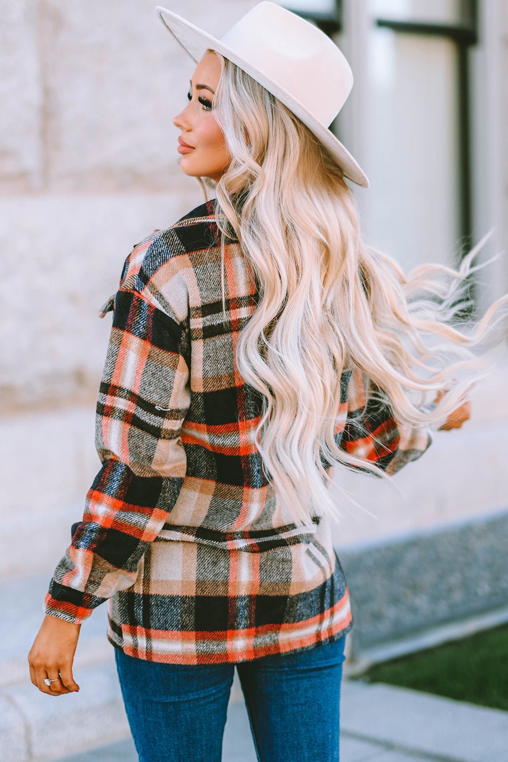 Khaki Geometric Plaid Print Pocketed Shacket - Crowned Energy CO.