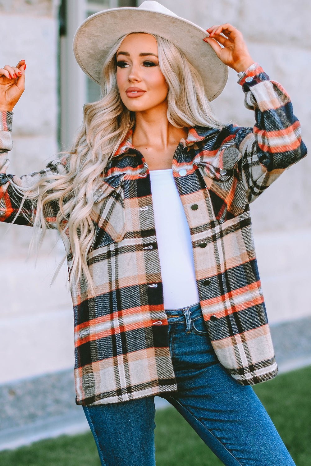 Khaki Geometric Plaid Print Pocketed Shacket - Crowned Energy CO.