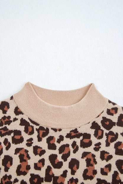 Khaki Leopard Print High Neck Shift Mini Sweater Dress - Goddess Vibes