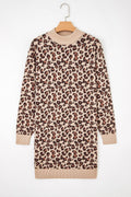 Crowned Energy CO. Khaki / S / 52%Viscose+26%Polyester+22%Polyamide Dear-Lover Dropshipping Sweaters & Cardigans/Sweater Dresses Khaki Leopard Print High Neck Shift Mini Sweater Dress
