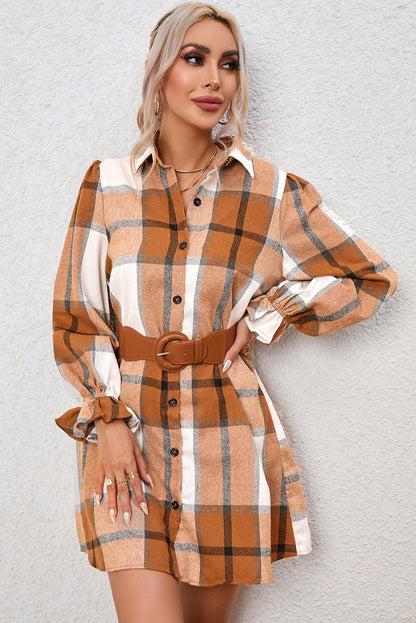Khaki Plaid Pattern Collared Neck Ruffled Sleeve Shirt Dress - Goddess Vibes