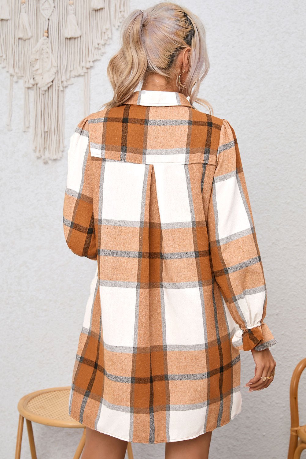 Khaki Plaid Pattern Collared Neck Ruffled Sleeve Shirt Dress - Goddess Vibes