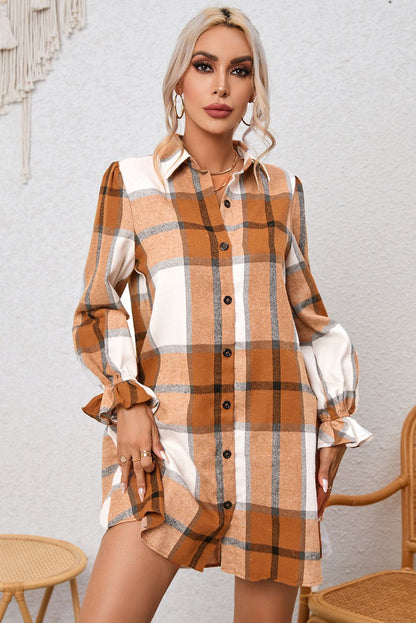 Khaki Plaid Pattern Collared Neck Ruffled Sleeve Shirt Dress - Goddess Vibes