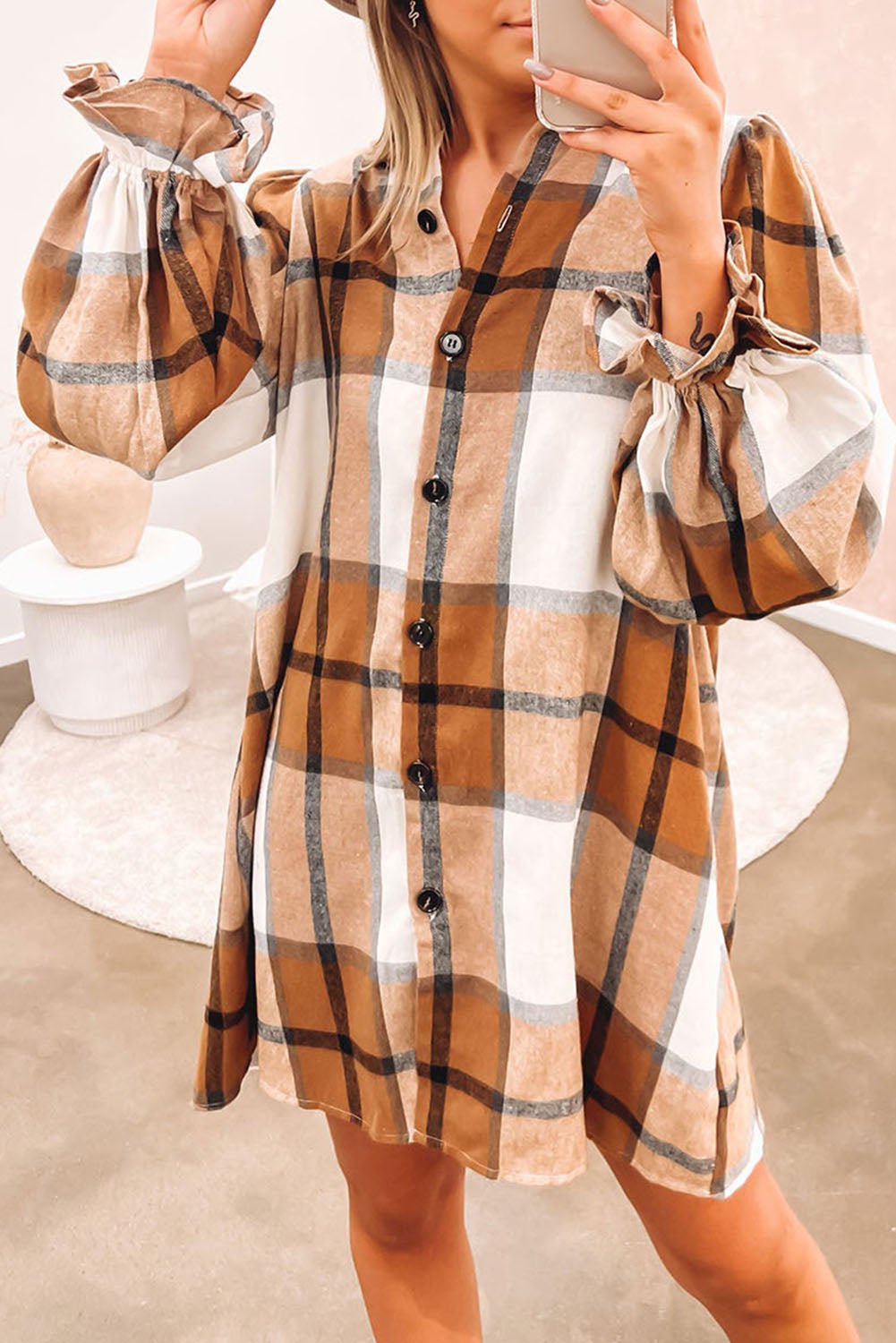 Khaki Plaid Pattern Collared Neck Ruffled Sleeve Shirt Dress - Goddess Vibes