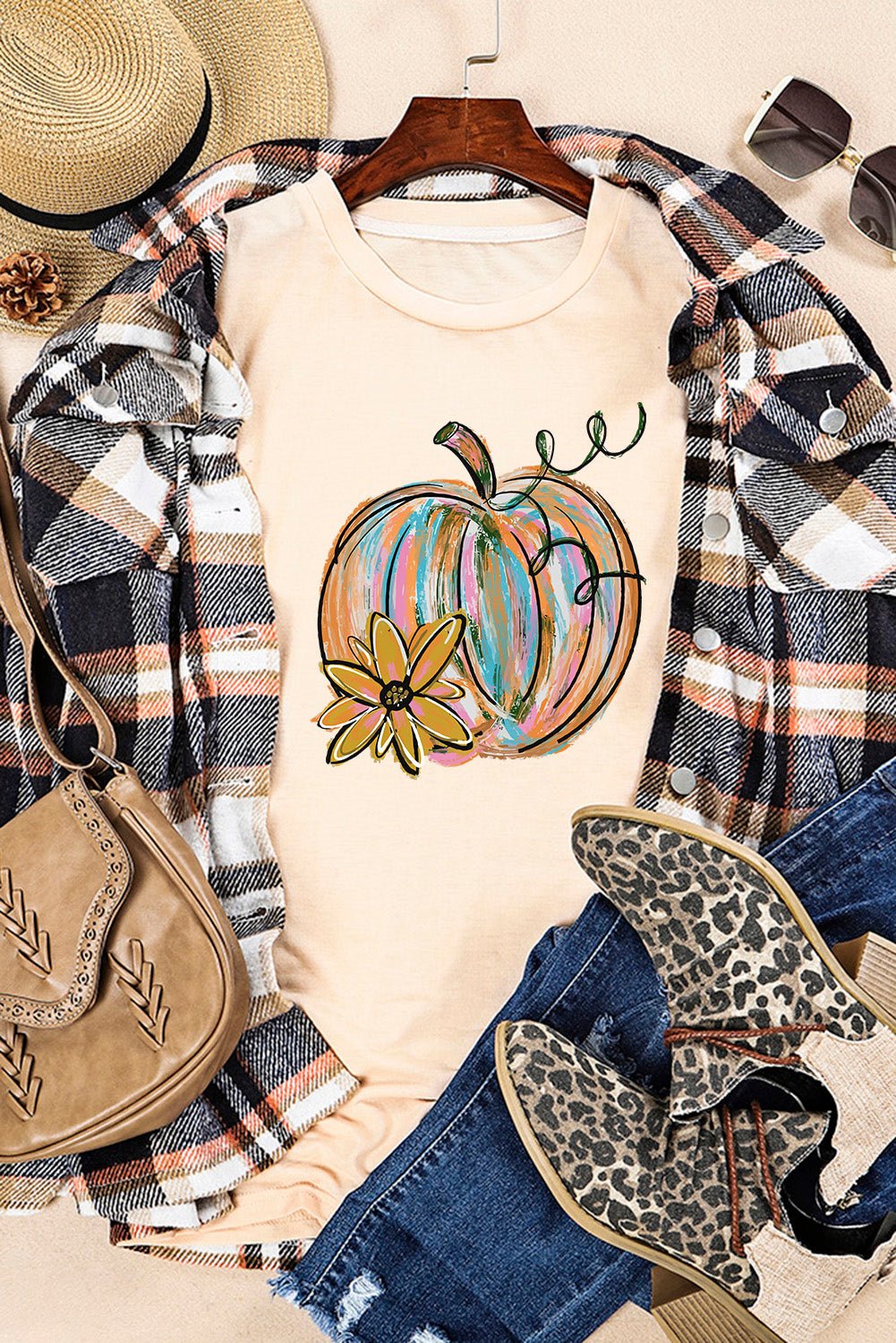 Khaki Pumpkin with Flower Graphic T Shirt - Goddess Vibes
