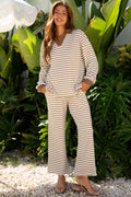 Crowned Energy CO. Khaki Stripe / S / 85%Polyester+10%Viscose+5%Elastane Dear-Lover Dropshipping Two Piece Sets/Pant Sets Khaki Stripe Collared Pullover Top and Drawstring Pant Set