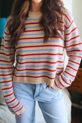 Khaki Stripe Drop Shoulder Cropped Long Sleeve Fall Sweater - Crowned Energy CO.