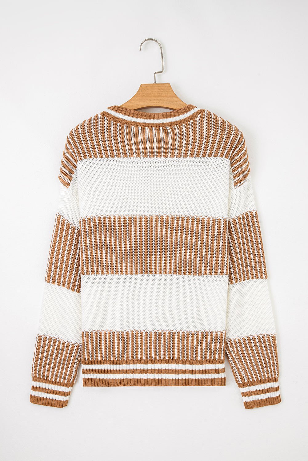 Khaki Two Tone Striped Patchwork Drop Shoulder Loose Sweater - Crowned Energy CO.