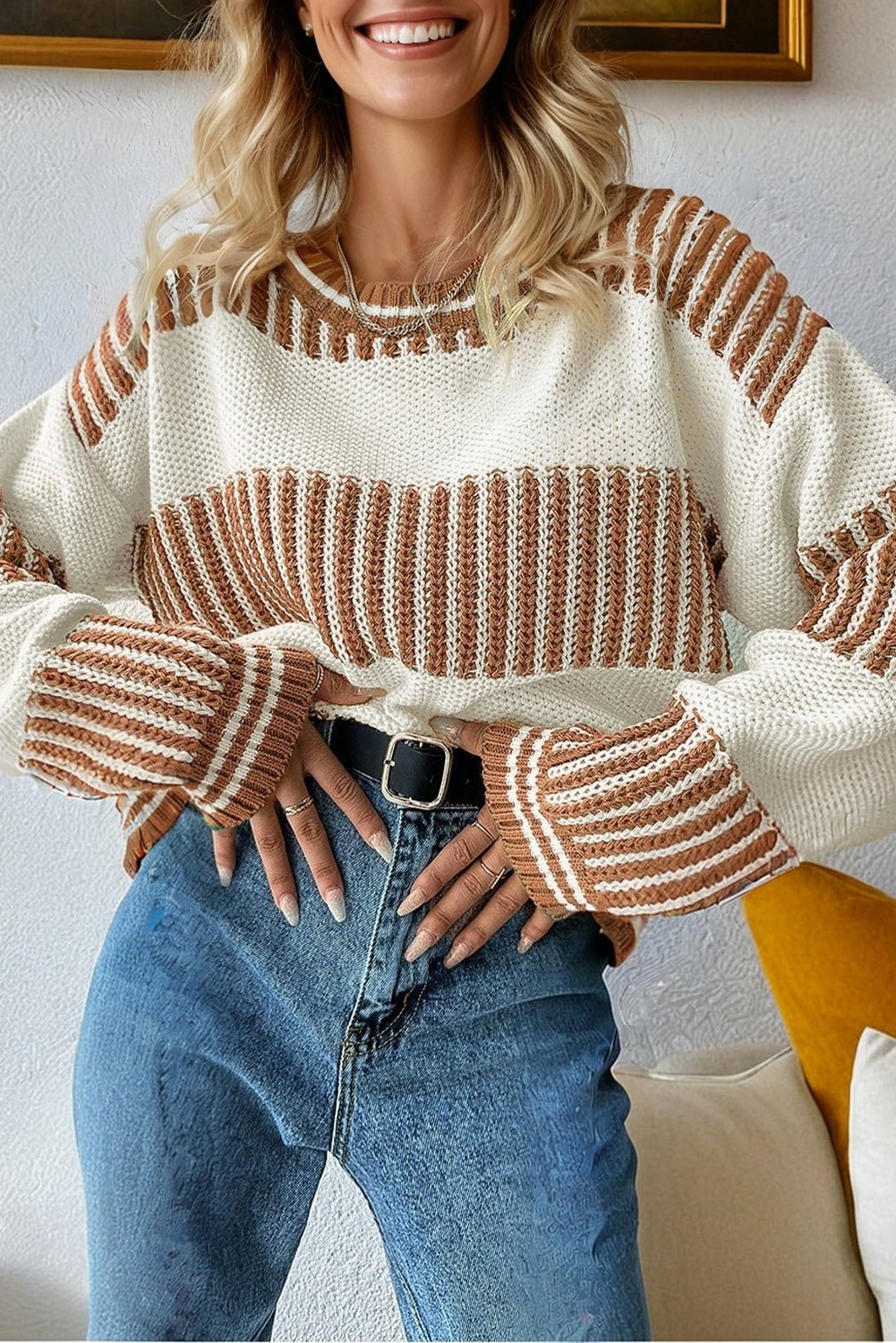 Khaki Two Tone Striped Patchwork Drop Shoulder Loose Sweater - Crowned Energy CO.