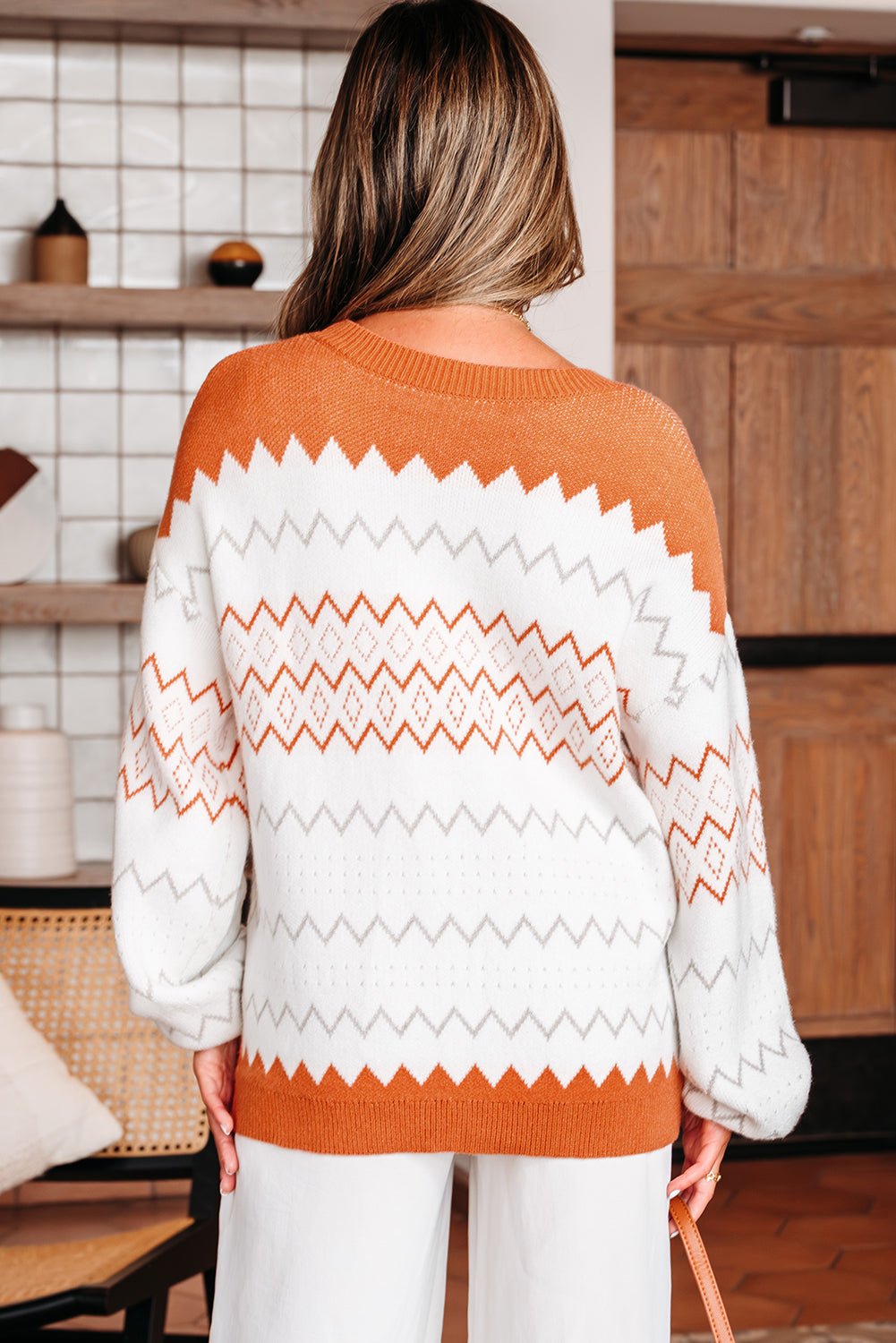 Khaki Zigzag Geometric Pattern Knitted Pullover Sweater - Crowned Energy CO.