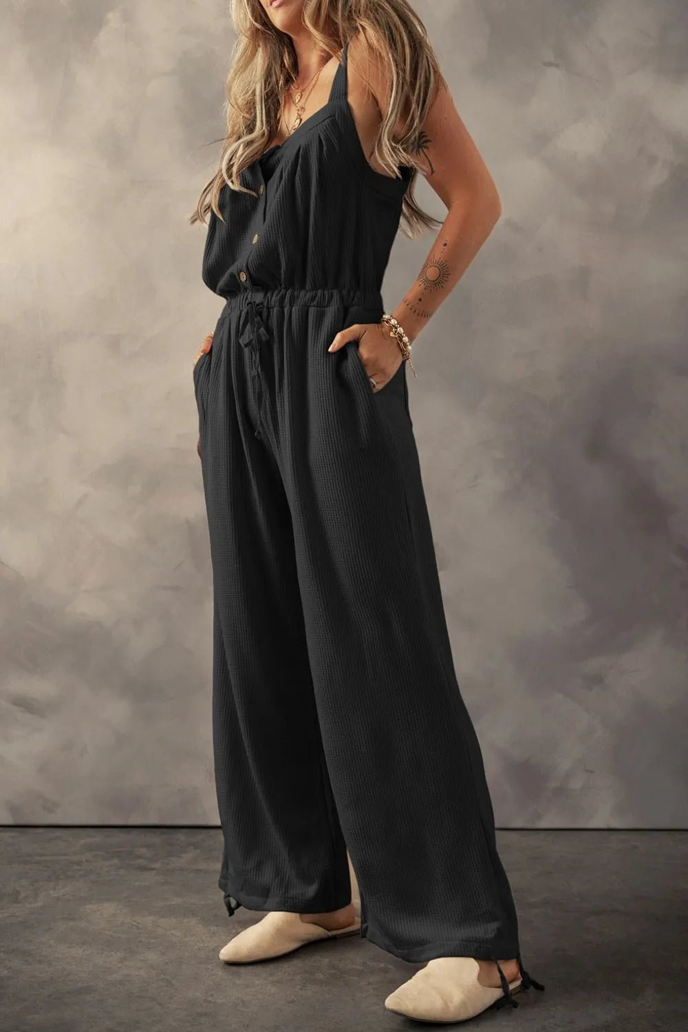 Knotted Straps Button Textured Drawstring Jumpsuit - Crowned Energy CO.