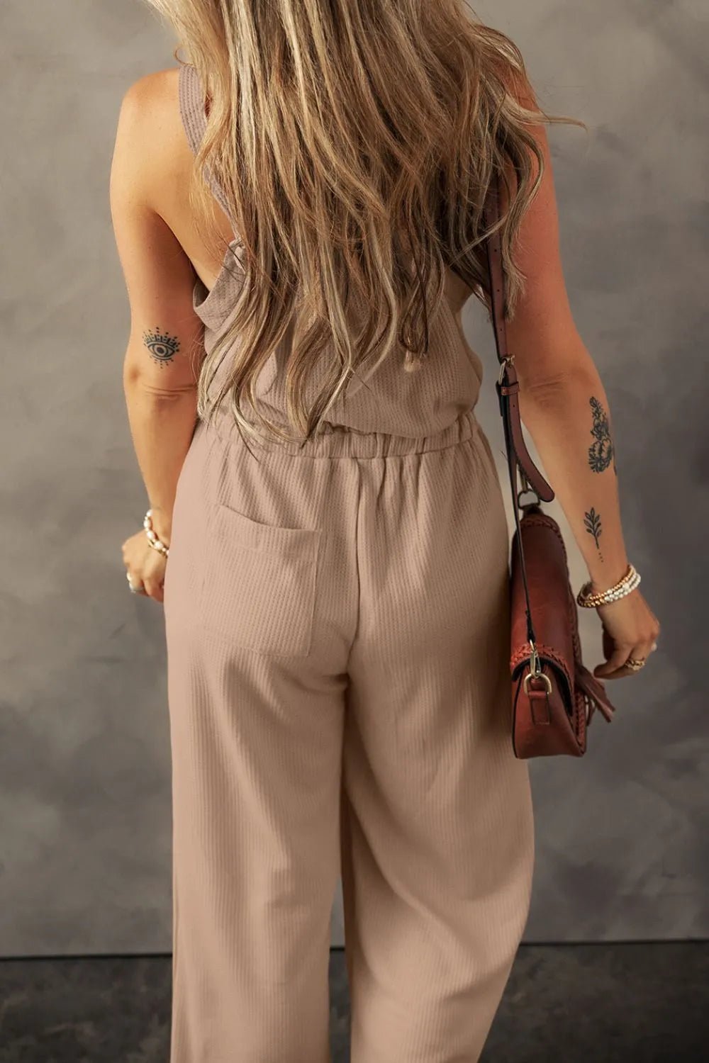 Knotted Straps Button Textured Drawstring Jumpsuit - Crowned Energy CO.