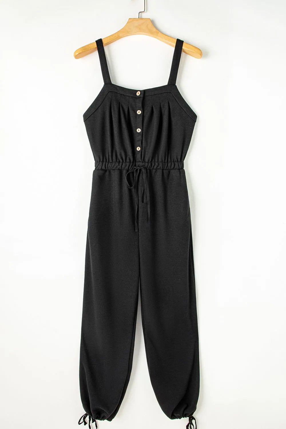 Knotted Straps Button Textured Drawstring Jumpsuit - Crowned Energy CO.