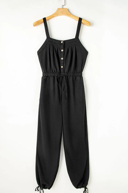 Knotted Straps Button Textured Drawstring Jumpsuit - Crowned Energy CO.