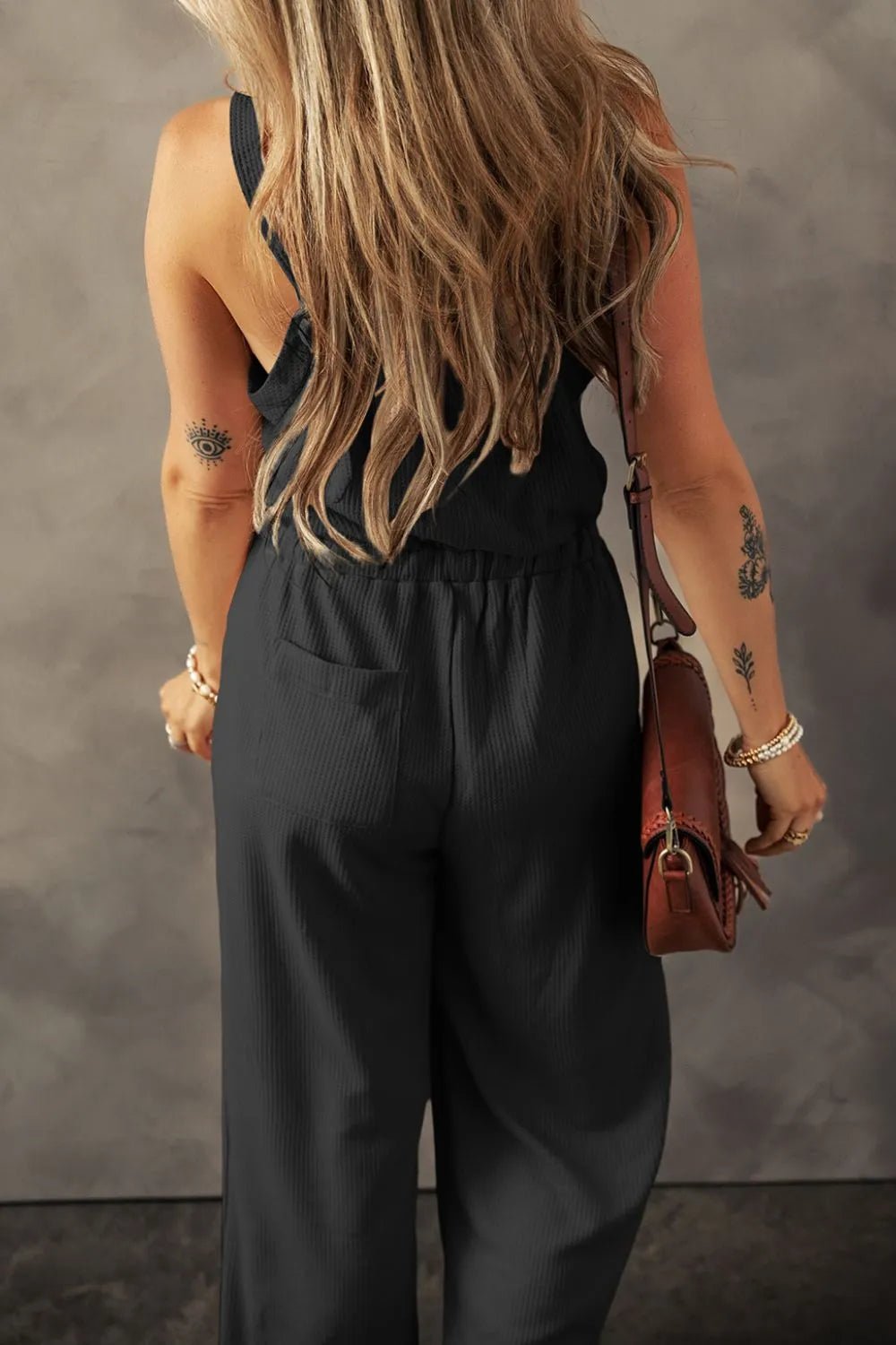 Knotted Straps Button Textured Drawstring Jumpsuit - Crowned Energy CO.