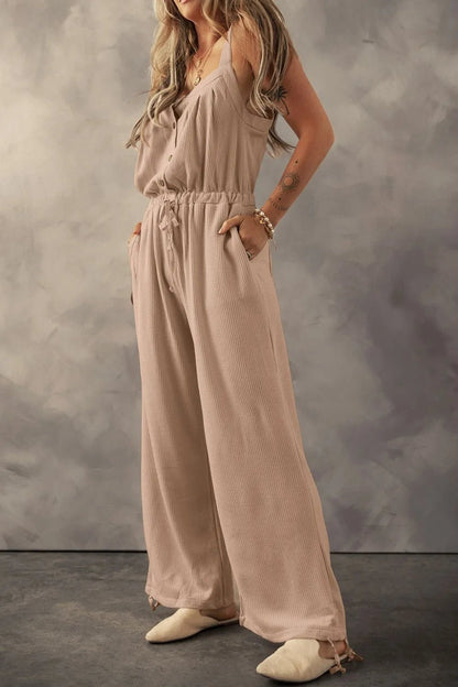 Knotted Straps Button Textured Drawstring Jumpsuit - Crowned Energy CO.