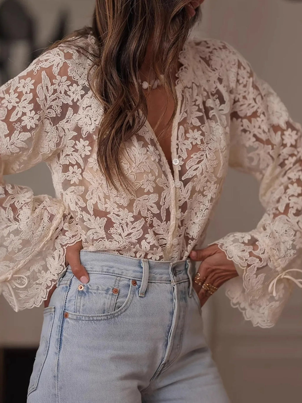 Crowned Energy CO. Off-white / S Trendsi Tops/Blouses & Shirts Lace Button Up Long Sleeve Shirt