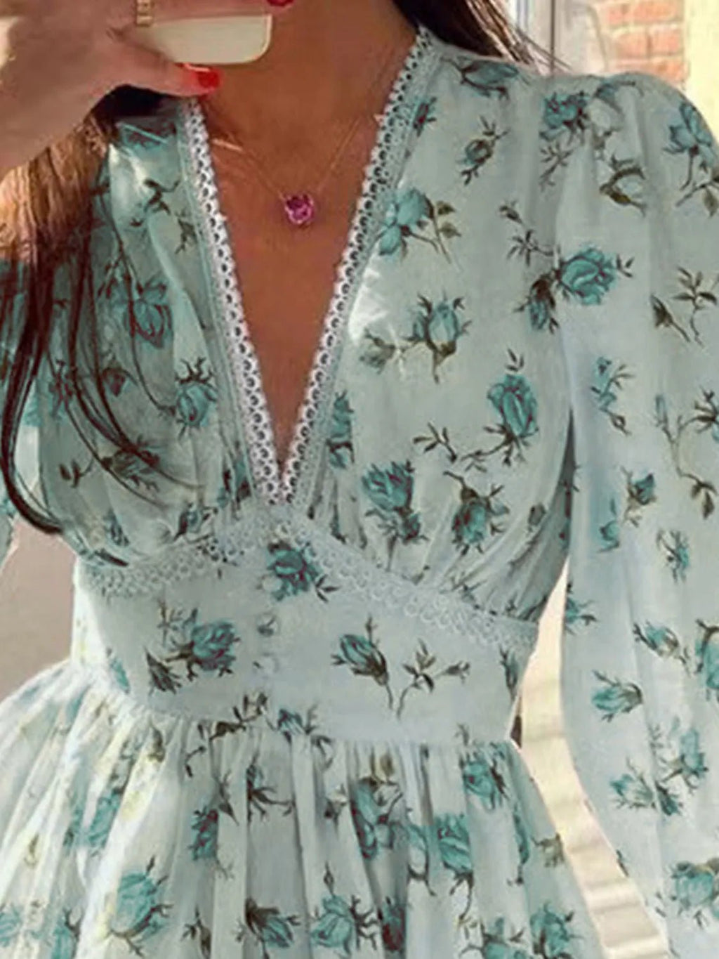 Lace Detail V - Neck Balloon Sleeve Dress - Crowned Energy CO.