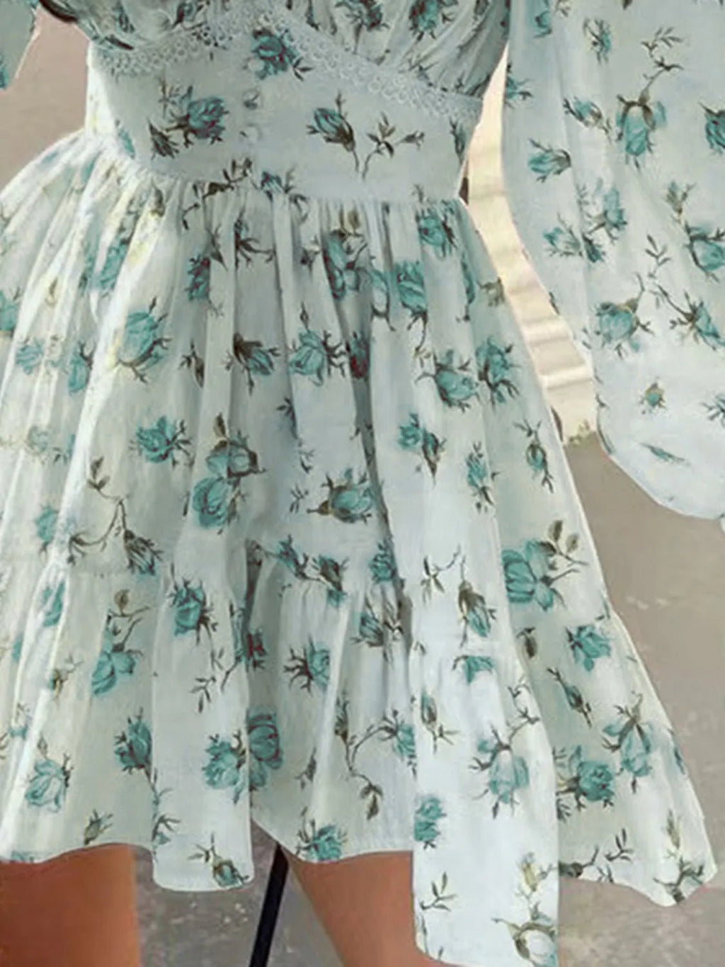Lace Detail V - Neck Balloon Sleeve Dress - Crowned Energy CO.
