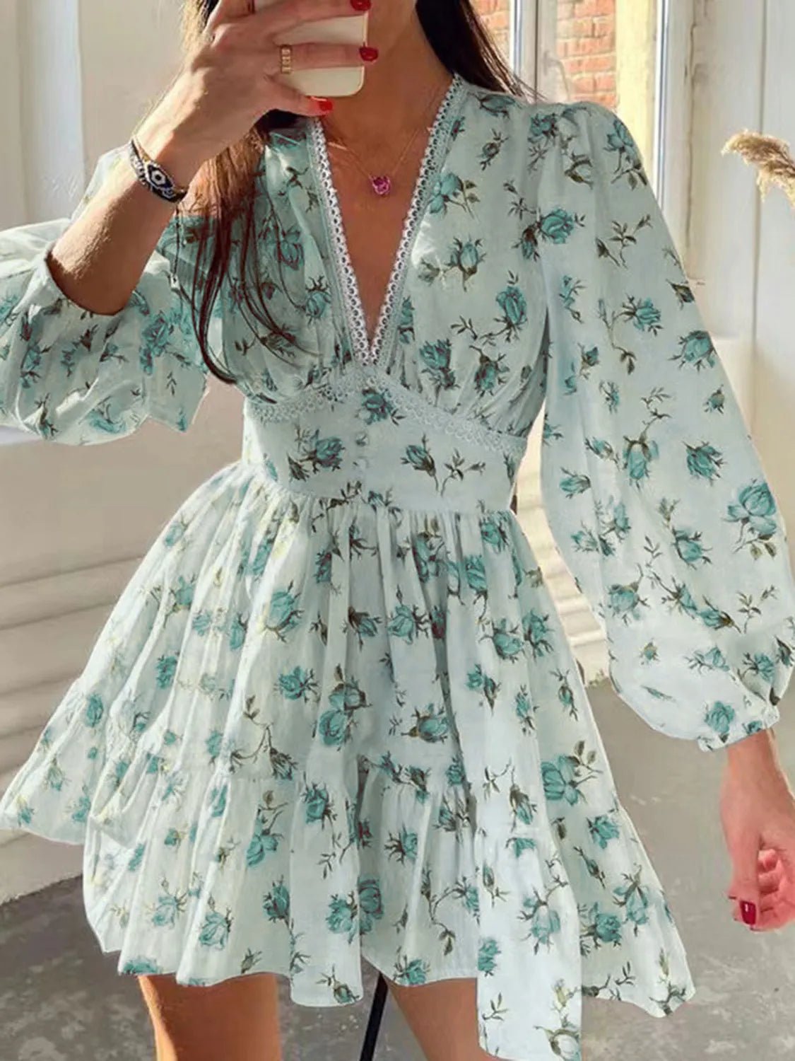Lace Detail V - Neck Balloon Sleeve Dress - Crowned Energy CO.