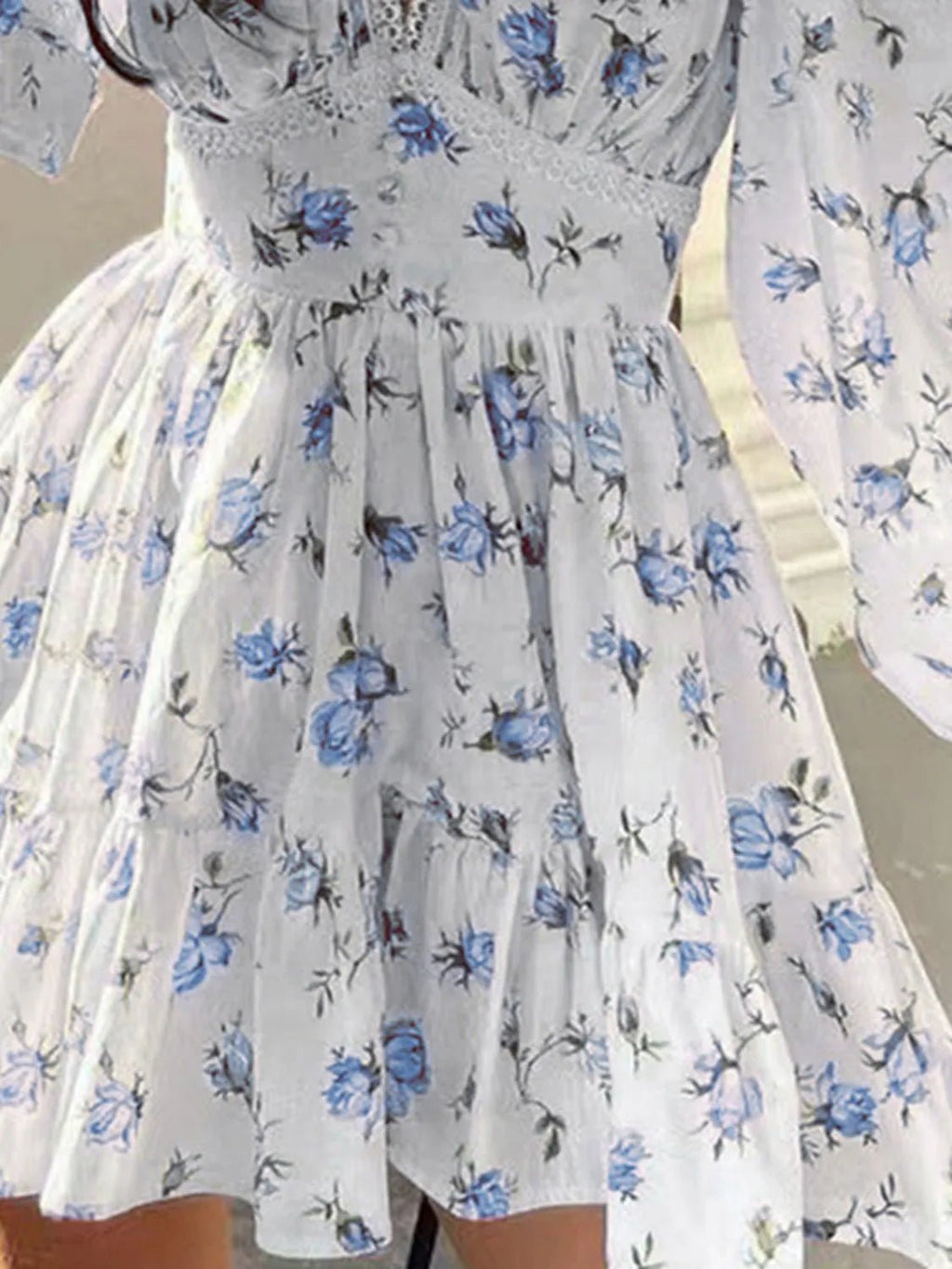 Lace Detail V - Neck Balloon Sleeve Dress - Crowned Energy CO.
