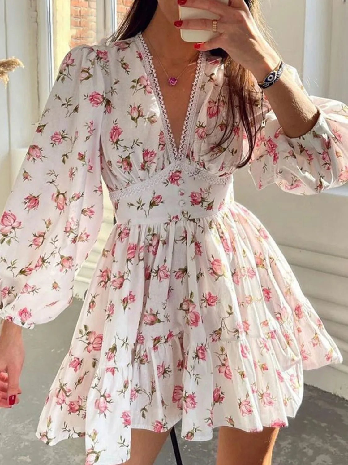 Lace Detail V - Neck Balloon Sleeve Dress - Crowned Energy CO.