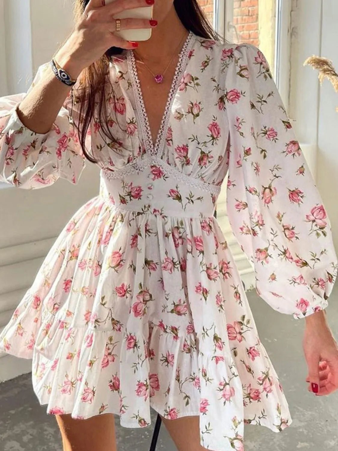 Lace Detail V - Neck Balloon Sleeve Dress - Crowned Energy CO.