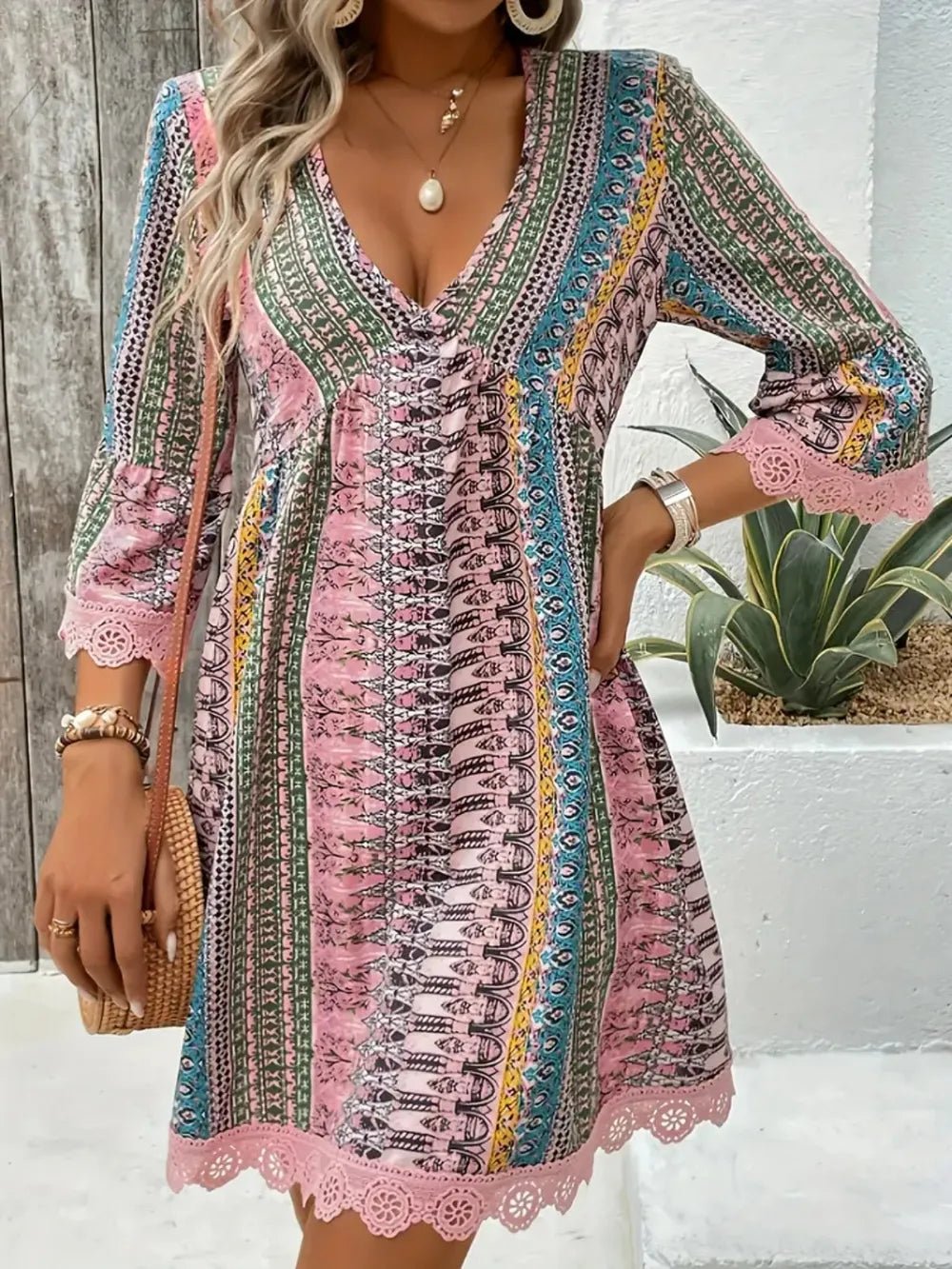 Lace Trim Printed V - Neck 3/4 Sleeve Dress - Crowned Energy CO.