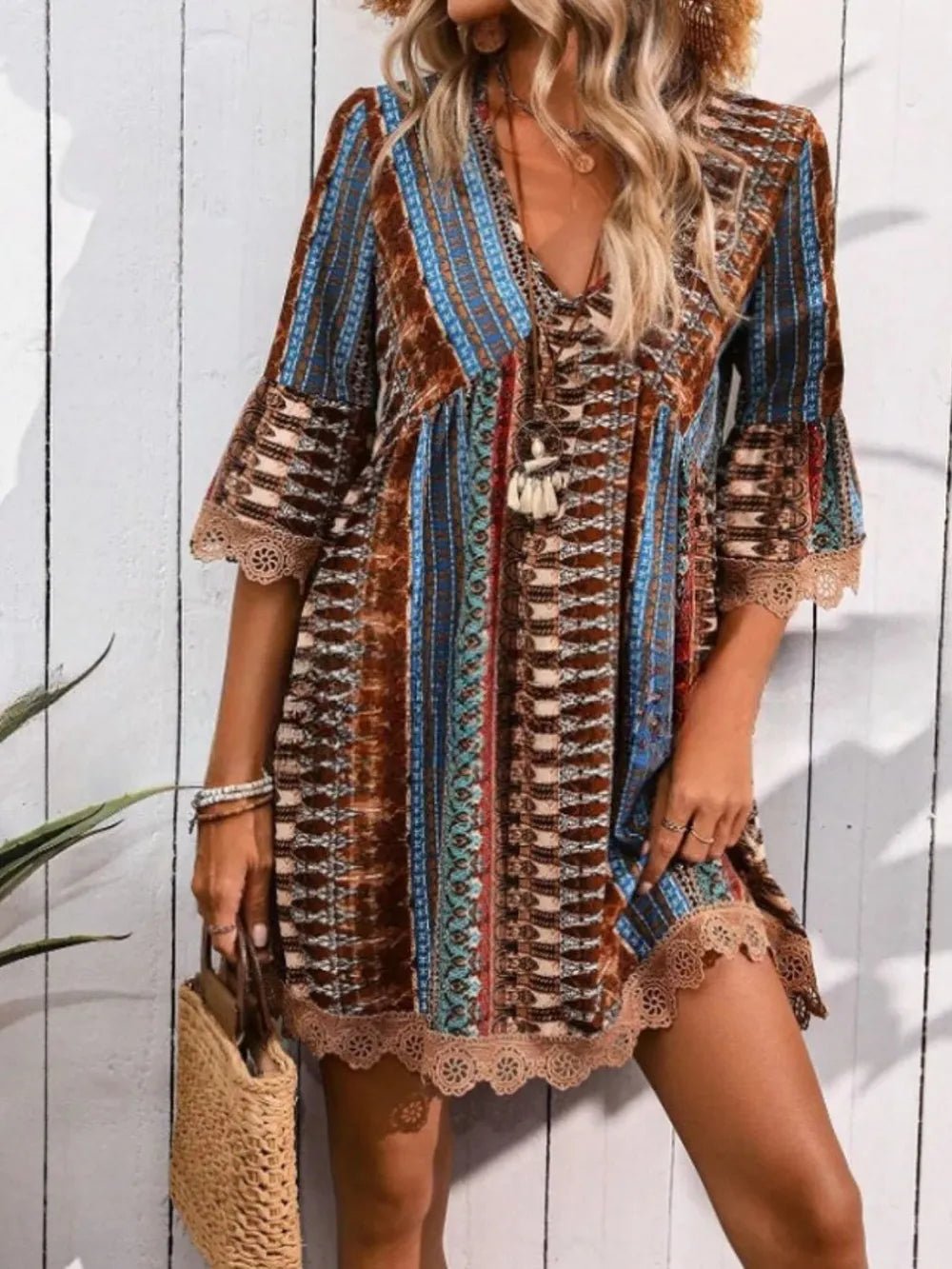 Lace Trim Printed V - Neck 3/4 Sleeve Dress - Crowned Energy CO.