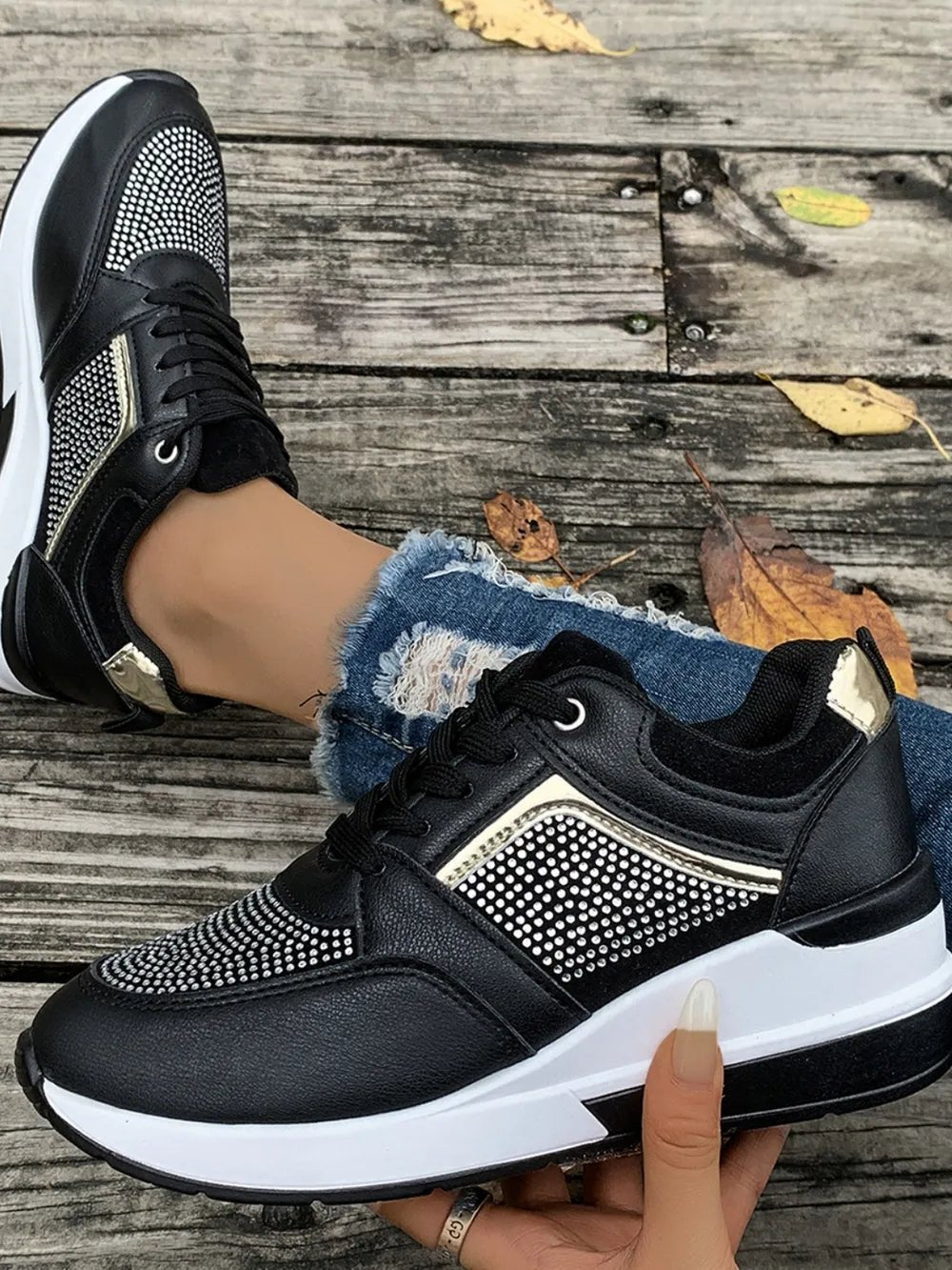 Lace - Up Rhinestone Wedge Sneakers - Crowned Energy CO.