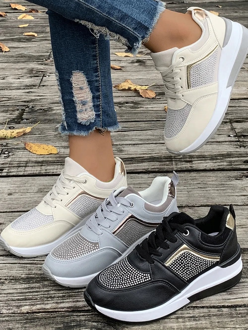 Lace - Up Rhinestone Wedge Sneakers - Crowned Energy CO.