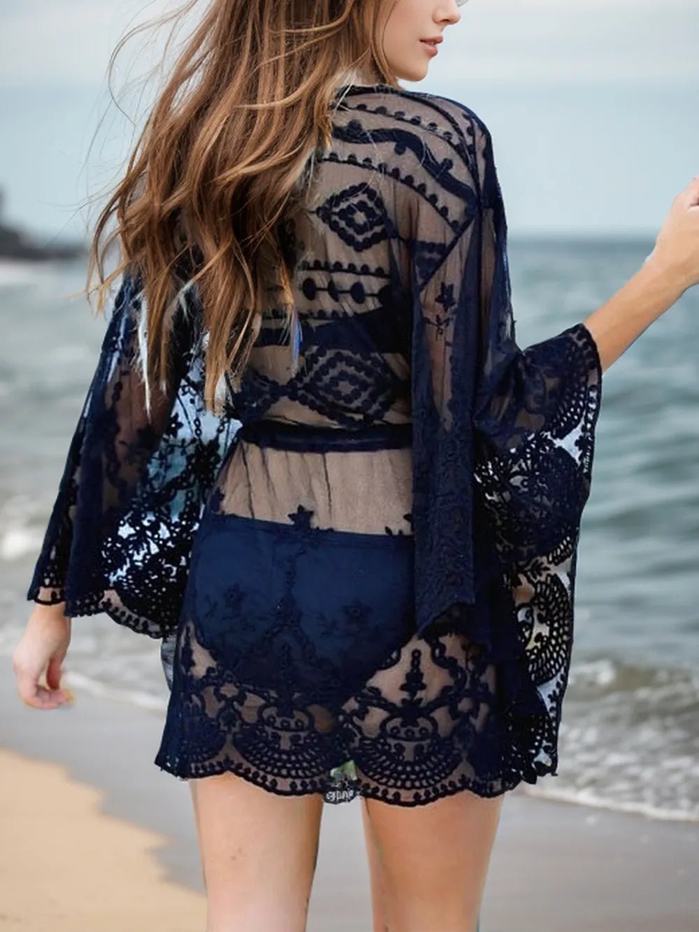 Lace V - Neck Three - Quarter Sleeve Cover Up - Crowned Energy CO.