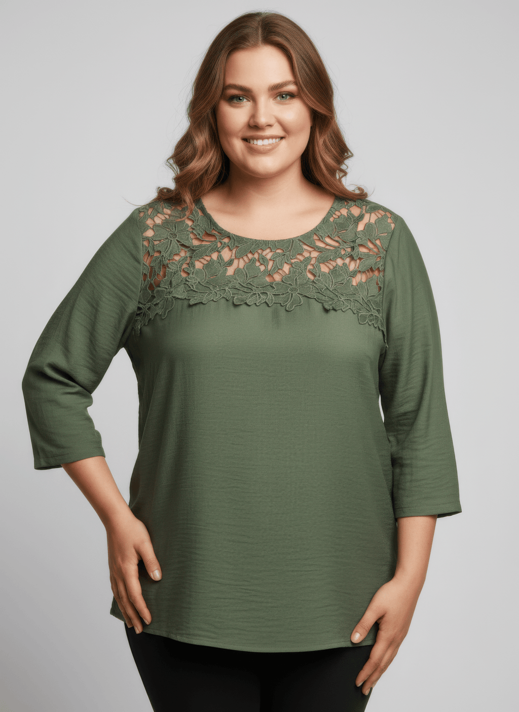 Lace Yoke Three - quarter Sleeve Knit Top - Crowned Energy CO.