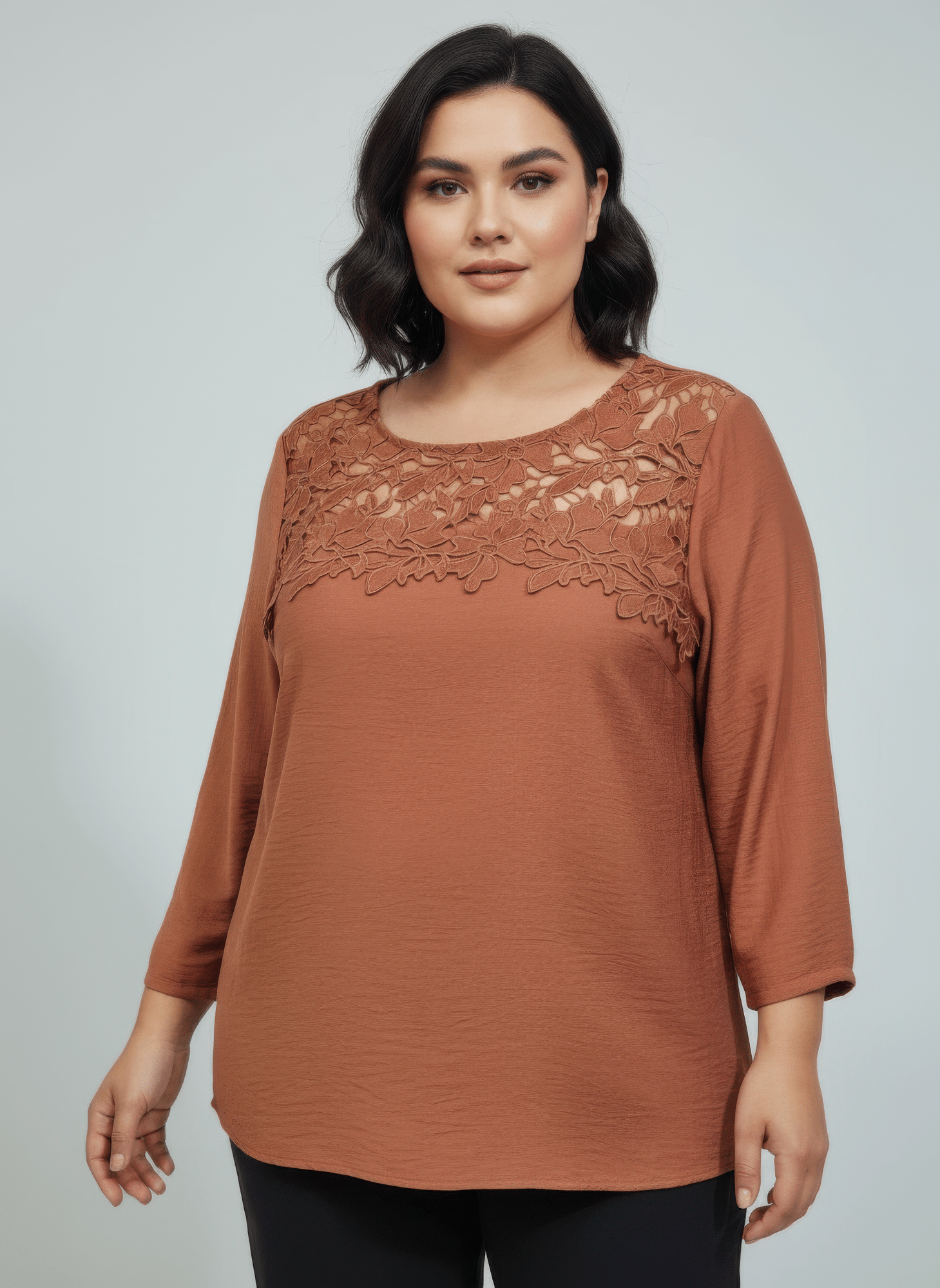 Lace Yoke Three - quarter Sleeve Knit Top - Crowned Energy CO.
