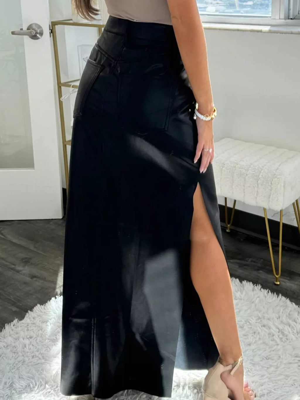 Leather High - Waist Side Slit Maxi Skirt - Crowned Energy CO.