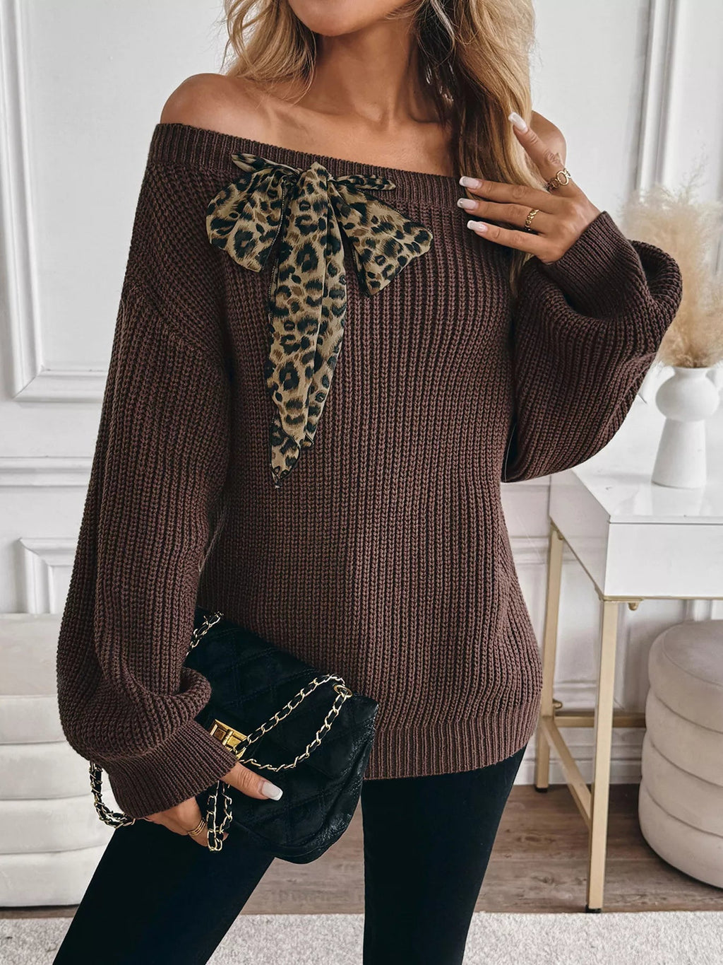 Leopard Bow Dropped Shoulder Sweater - Crowned Energy CO.