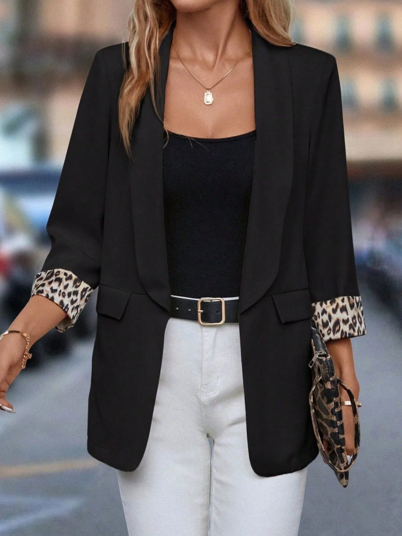 Leopard Lapel Collar Open Front Blazer - Goddess Vibes